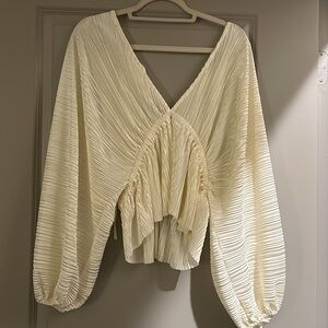 Lulus Ivory Satin Plisse Long Sleeve Top White XL